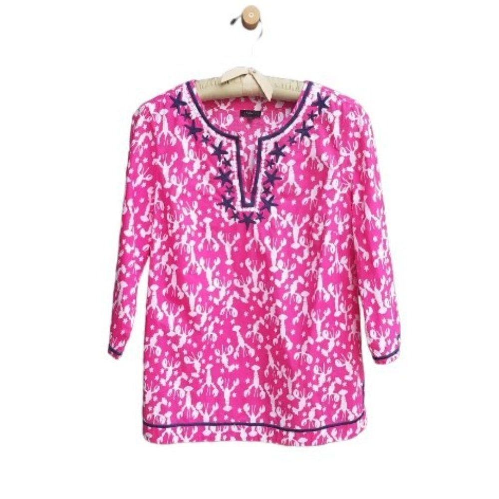 Talbots Pink/White Lobster Tunic with Navy Embroidery Trim -  Shell Detail